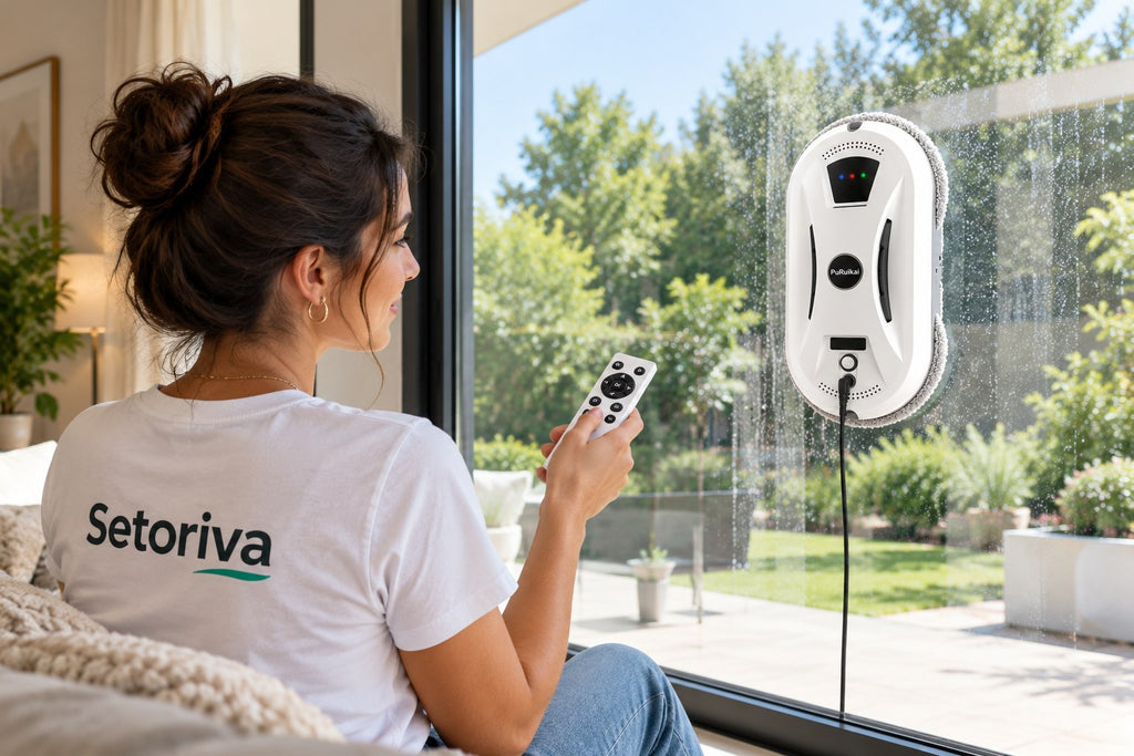 Robot lave vitre Setoriva Essentiel en marche sur une fenêtre